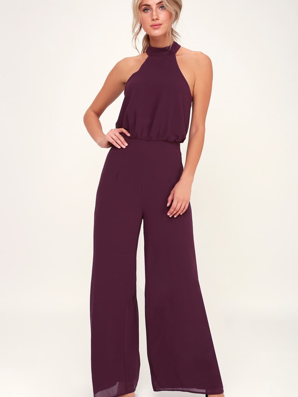 NWT Lulu’s It’s a Hit plum high neck wide leg jumpsuit Size L